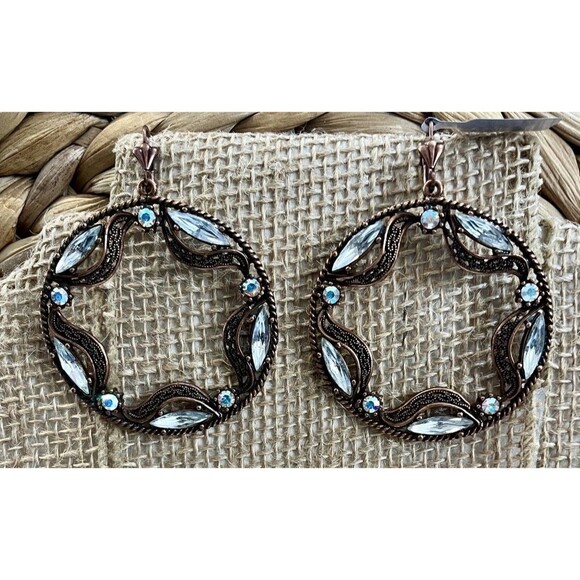 Rhinestone Copper Earrings Pierced Dangle Statement Medallion Victorian Goth - Picture 1 of 5